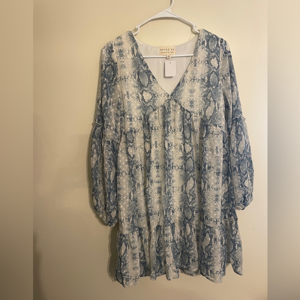 Blue Snake Print V-Neck Babydoll Dress